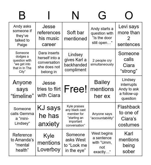 Summer House Reunion Bingo Card