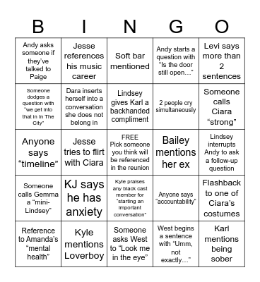 Summer House Reunion Bingo Card