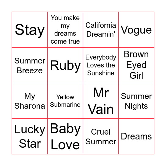 Summer Nights Bingo Card