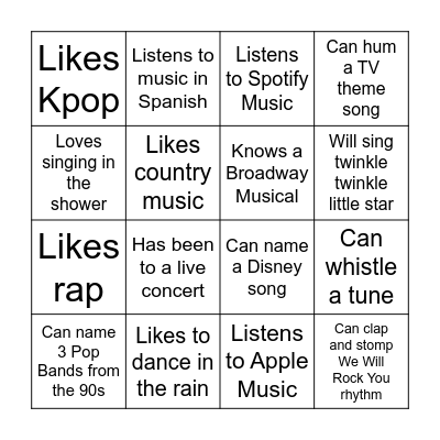 Music Bingo Card