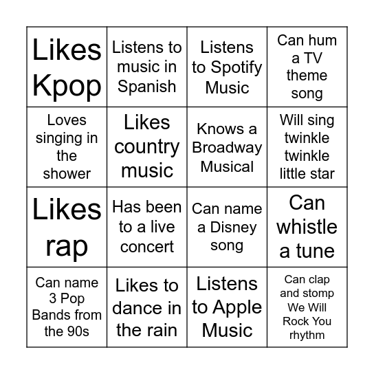 Music Bingo Card