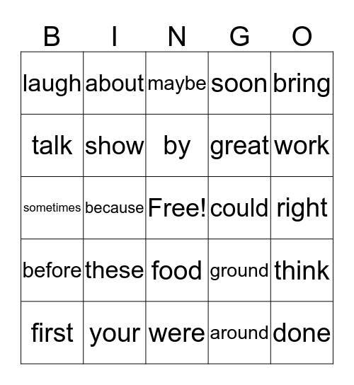 High Frequency Vocabulary 16,17,18,19 Bingo Card