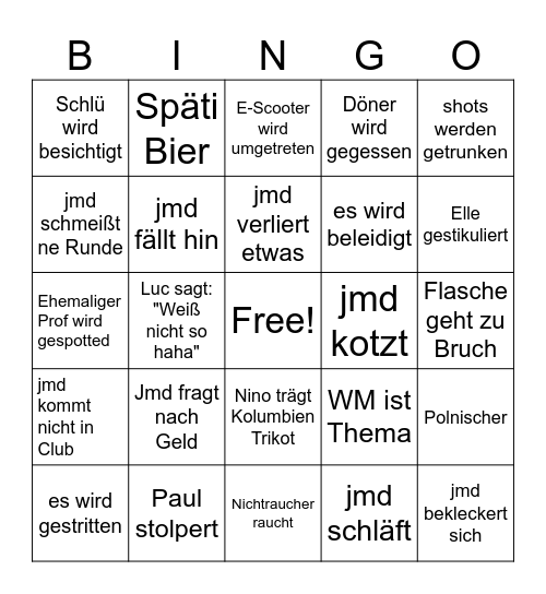 Reunion Bingo Card