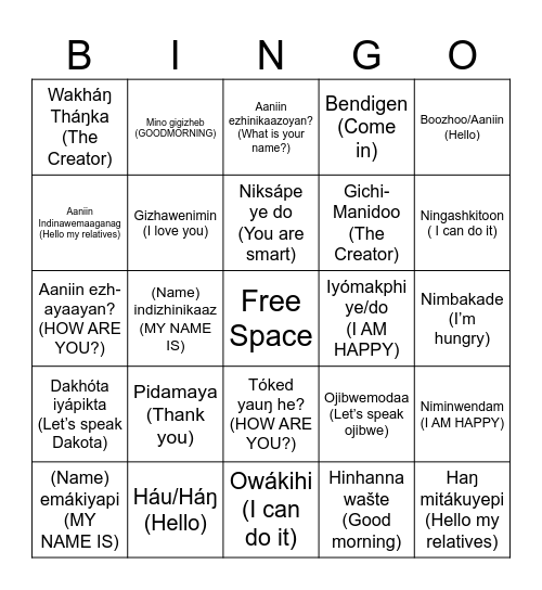 OJIBWE AND DAKOTA PHRASES Bingo Card