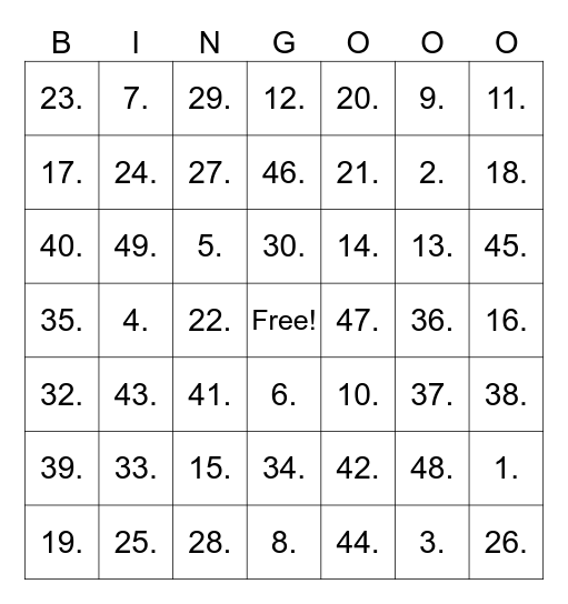 Bigo Musical Bingo Card