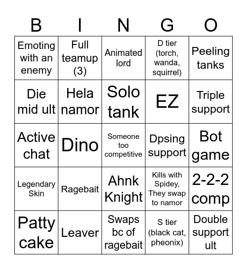 Marvel Rivals Bingo Card