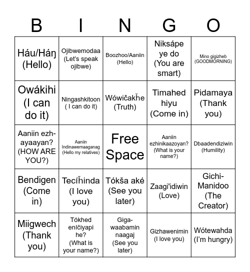 OJIBWE AND DAKOTA PHRASES Bingo Card