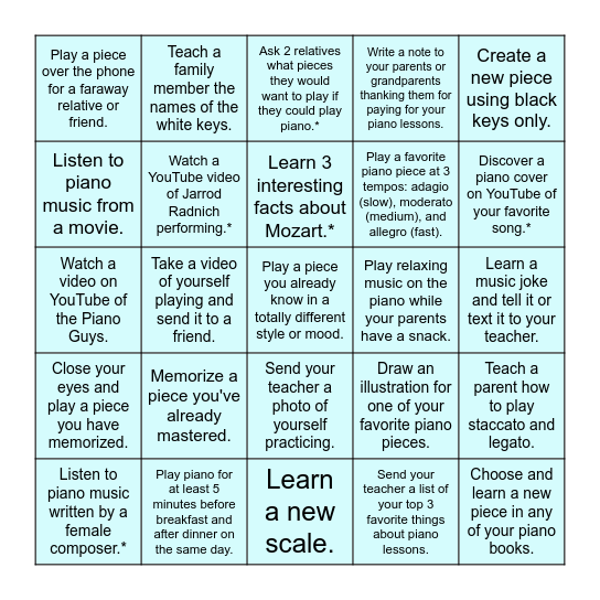 Summer Piano Bingo Card