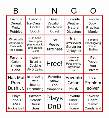 Red Door Bingo Card