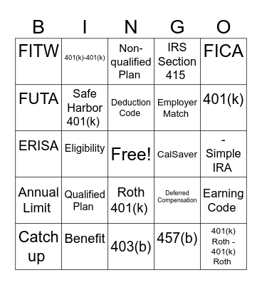 Retirement Plan Bingo Card