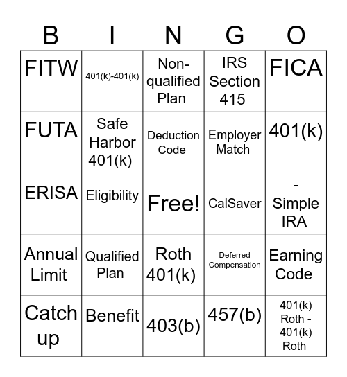 Retirement Plan Bingo Card