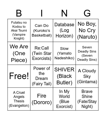 Anime Opening #2 Bingo Card