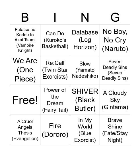 Anime Opening #2 Bingo Card