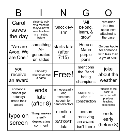 AHS End of Year Bingo Card