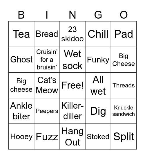 Newcomer's "Slang" Bingo Card