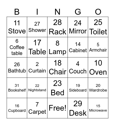 Furniture Bingo Card