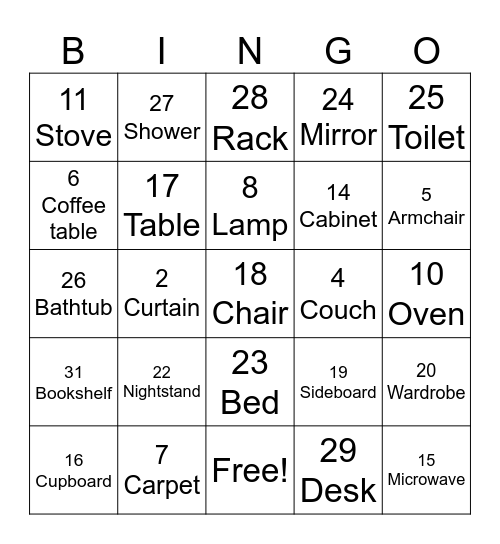 Furniture Bingo Card