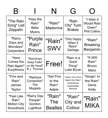 I Love When it Rains Bingo Card