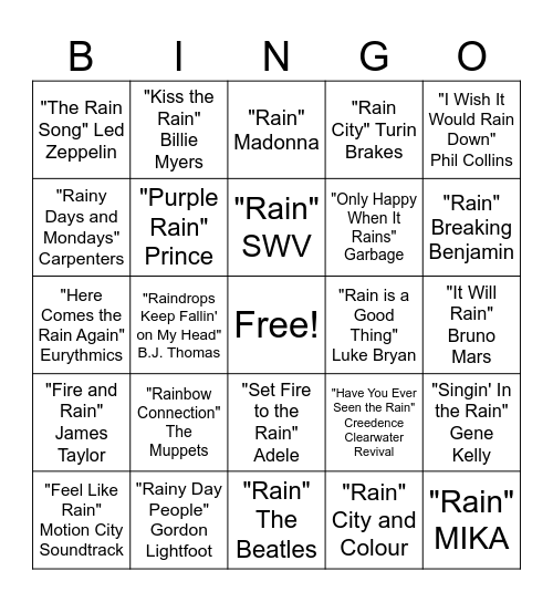 I Love When it Rains Bingo Card
