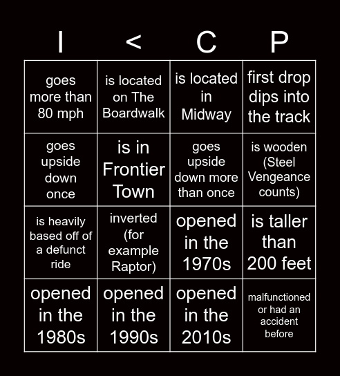 Cedar Point Bingo Card