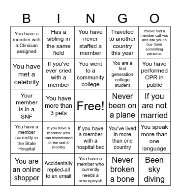 Complex Care Bingo Card