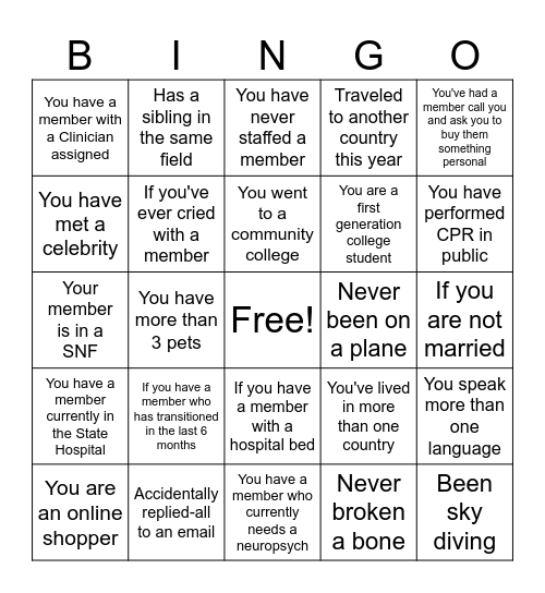 Complex Care Bingo Card