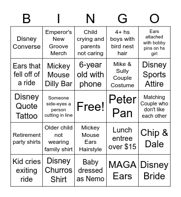 Disneyland Bingo Card