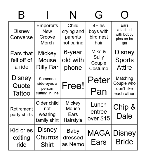 Disneyland Bingo Card