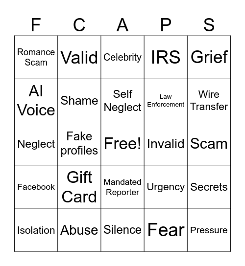 Financial Exploitation Bingo Card