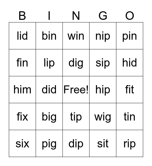 Short "i" Bingo Card