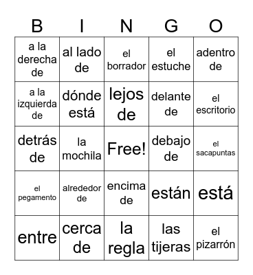 School Supplies & Prepositions Bingo Card