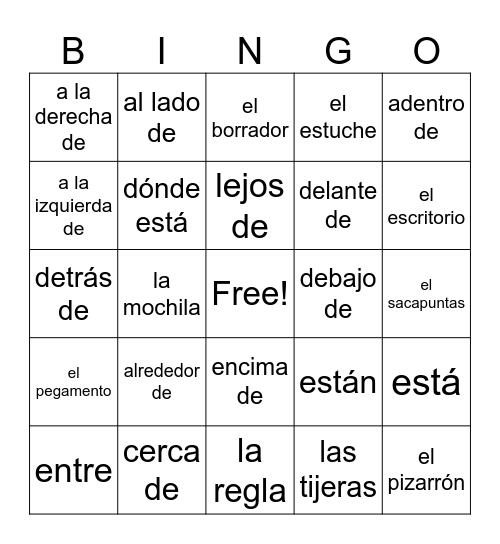 School Supplies & Prepositions Bingo Card