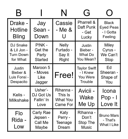 Round 2: Club Pop Hits Bingo Card