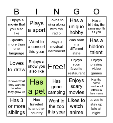 Summer Internship Bingo Card