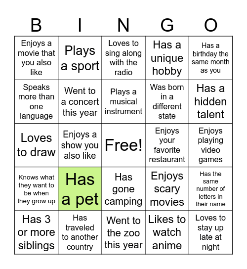 Summer Internship Bingo Card