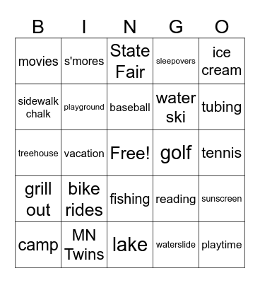 Summer Fun Bingo Card