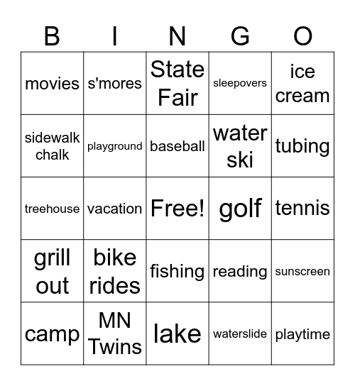 Summer Fun Bingo Card