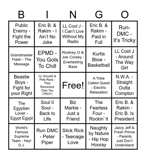 Round 3 - Old School Hip-Hop Bingo Card