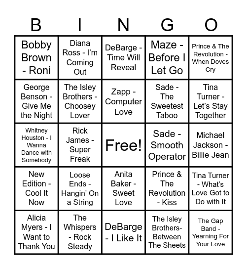 Round 4 - 80's R&B Bingo Card