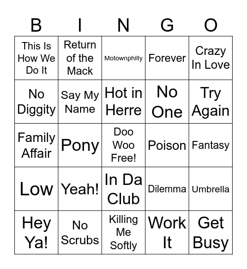 Hip Hop R&B Music Bingo Card