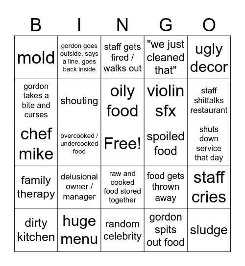 Kitchen Nightmares Bingo Card