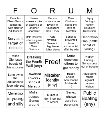 Roman Comedy Tropes in AFTHOTWTTF Bingo Card