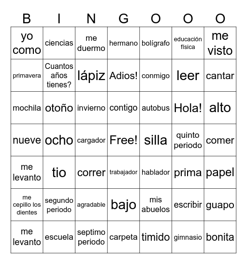 Español 1 Bingo Card