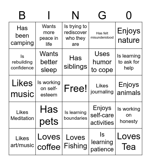 Recovery Bingo Card