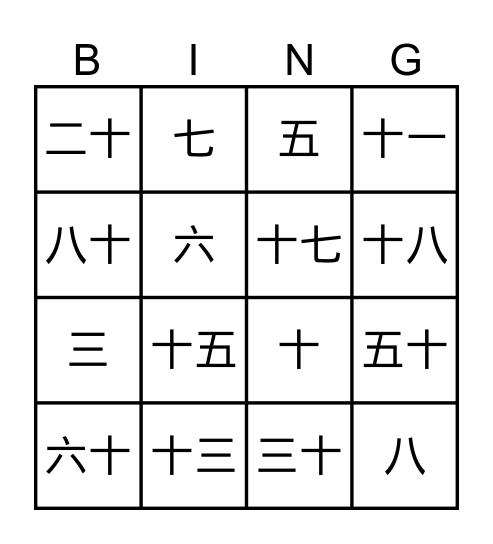 Chinese number Bingo Card