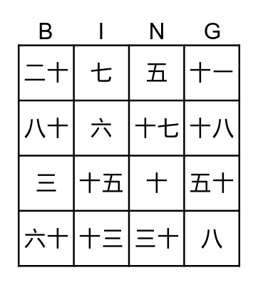 Chinese number Bingo Card