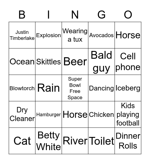 Super Bowl Commercial Bingo Card