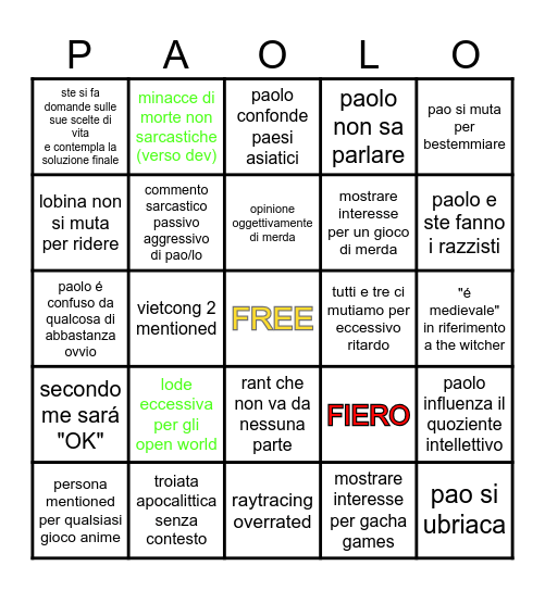 SGF BINGO (PAOLONE EDITION) Bingo Card