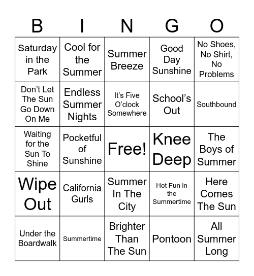 Fun In The Sun Bingo Card