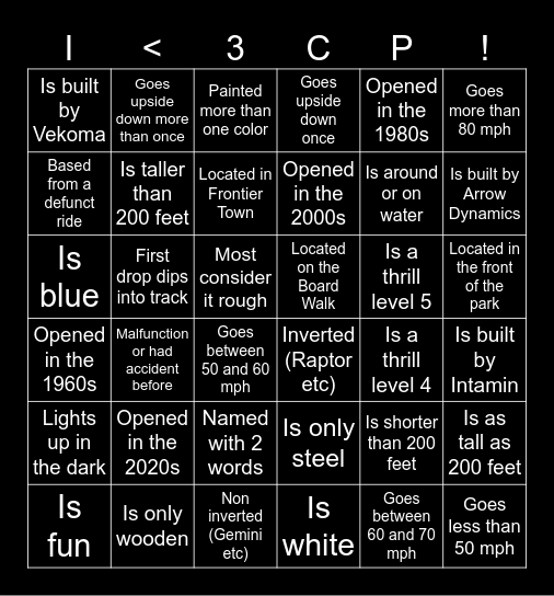 Cedar Point Bingo! Bingo Card